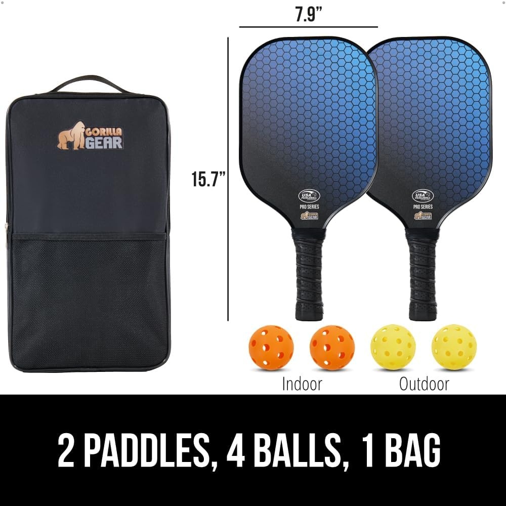 image:imageGorilla Gear USAPA Approved Pickleball Starter Set Fiberglass Paddles with Bag and Balls Indoor Outdoor Court Use Comfortable Racket Grip Oversized Sweet Spot Pickle Ball Paddle for Men WomenBlue