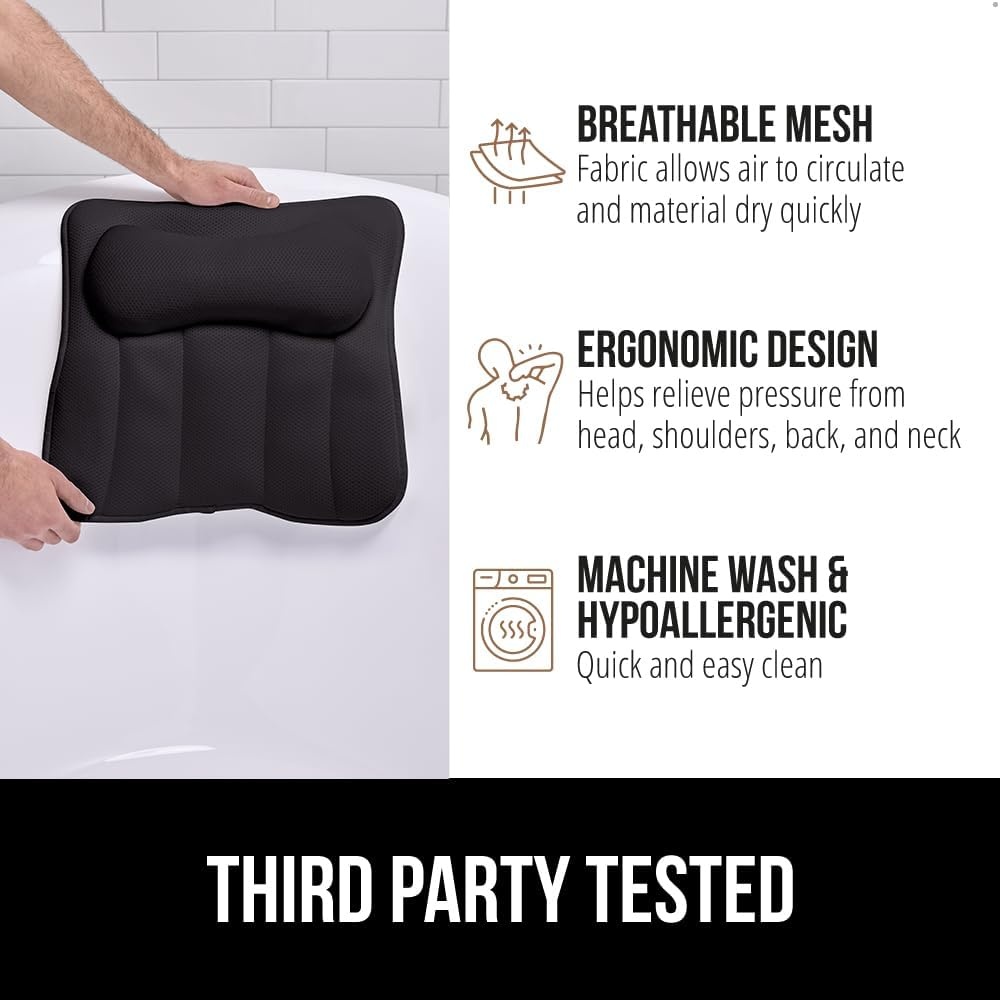 image:imageGORILLA GRIP Bath Pillow for Tub 6 Strong Suction Cups 4D Mesh FlexComfort Headrest for Neck Head and Back Support Luxury Machine Washable Pillows Bathtub Accessories Spa Gifts for Mom GrayBlack