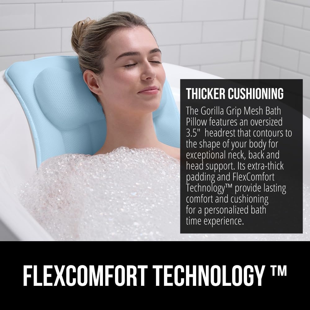image:imageGORILLA GRIP Bath Pillow for Tub 6 Strong Suction Cups 4D Mesh FlexComfort Headrest for Neck Head and Back Support Luxury Machine Washable Pillows Bathtub Accessories Spa Gifts for Mom GraySpa Blue