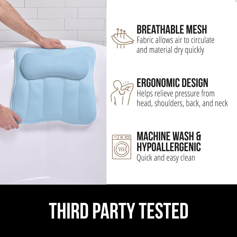 image:imageGORILLA GRIP Bath Pillow for Tub 6 Strong Suction Cups 4D Mesh FlexComfort Headrest for Neck Head and Back Support Luxury Machine Washable Pillows Bathtub Accessories Spa Gifts for Mom GraySpa Blue
