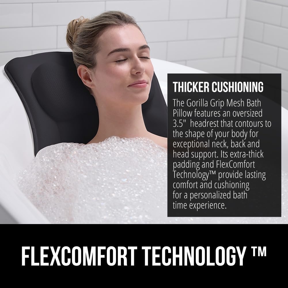 image:imageGORILLA GRIP Bath Pillow for Tub 6 Strong Suction Cups 4D Mesh FlexComfort Headrest for Neck Head and Back Support Luxury Machine Washable Pillows Bathtub Accessories Spa Gifts for Mom GrayBlack