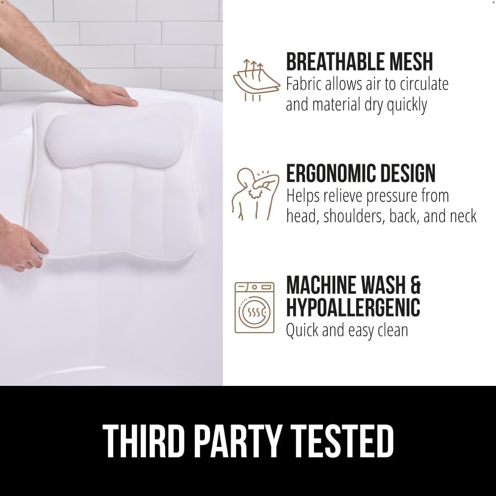 image:imageGORILLA GRIP Bath Pillow for Tub 6 Strong Suction Cups 4D Mesh FlexComfort Headrest for Neck Head and Back Support Luxury Machine Washable Pillows Bathtub Accessories Spa Gifts for Mom GrayWhite