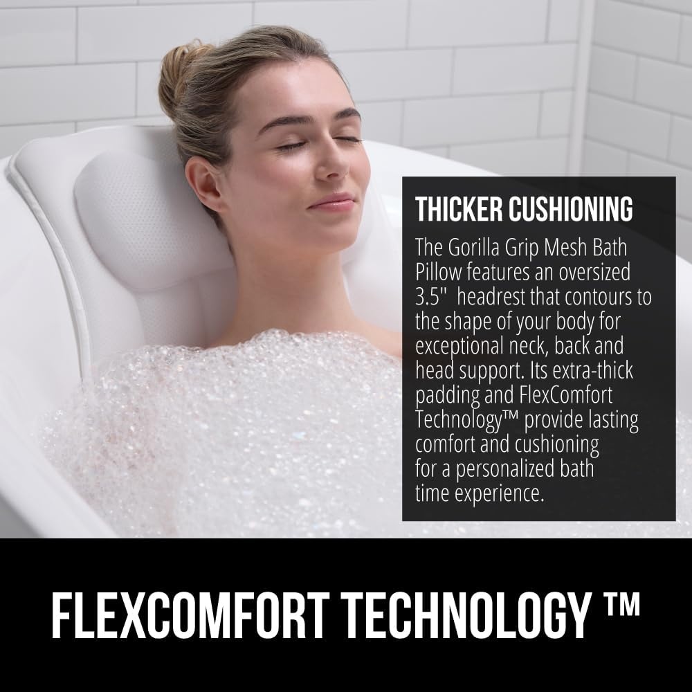 image:imageGORILLA GRIP Bath Pillow for Tub 6 Strong Suction Cups 4D Mesh FlexComfort Headrest for Neck Head and Back Support Luxury Machine Washable Pillows Bathtub Accessories Spa Gifts for Mom GrayWhite