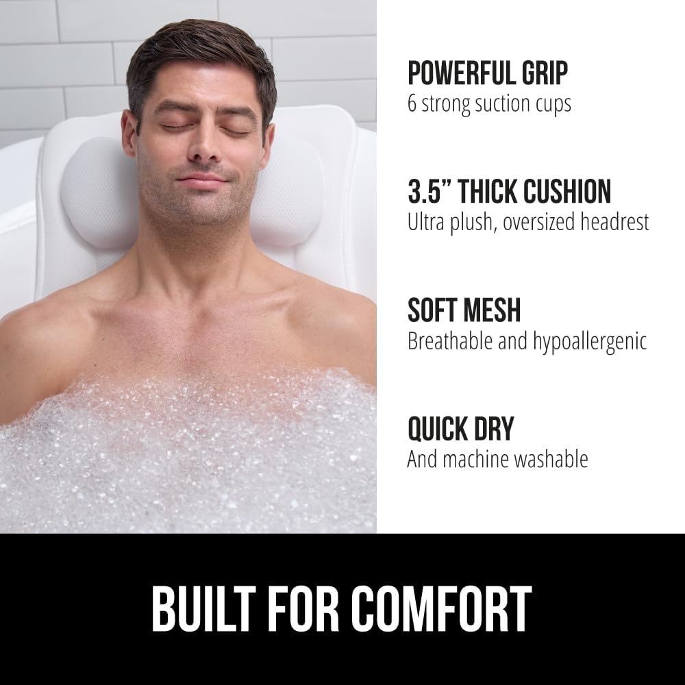 image:imageGORILLA GRIP Bath Pillow for Tub 6 Strong Suction Cups 4D Mesh FlexComfort Headrest for Neck Head and Back Support Luxury Machine Washable Pillows Bathtub Accessories Spa Gifts for Mom GrayWhite