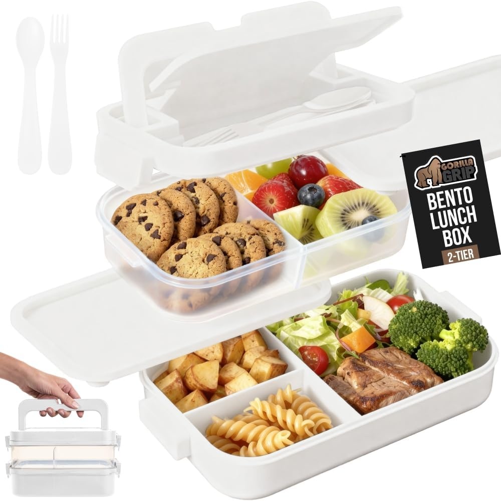 image:imageGORILLA GRIP BPAFree Leakproof Bento Lunch Box for Women Men Kids 2 Tier Style Onthego Easy to Carry Handle Microwave Safe Hot or Cold Food Container Lid Includes BuiltIn Utensil Set BlackWhite