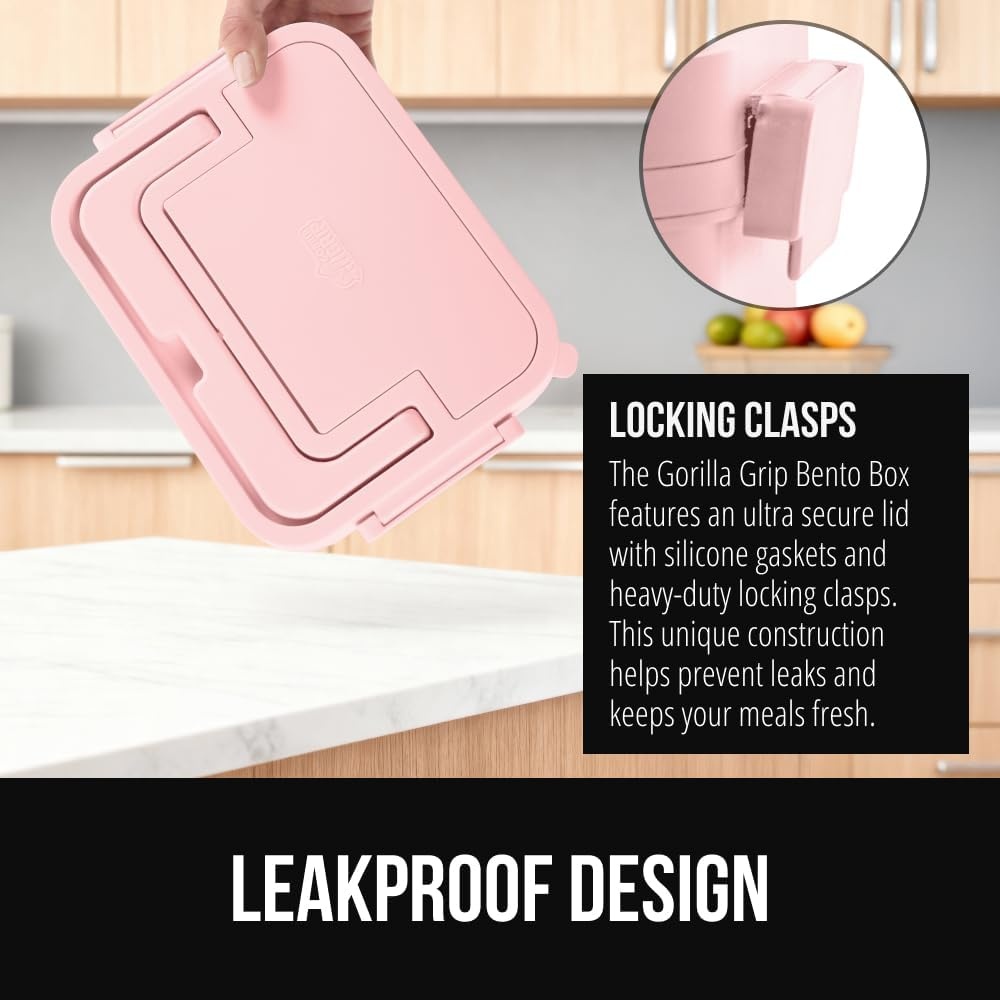 image:imageGORILLA GRIP BPAFree Leakproof Bento Lunch Box for Women Men Kids 2 Tier Style Onthego Easy to Carry Handle Microwave Safe Hot or Cold Food Container Lid Includes BuiltIn Utensil Set BlackPink