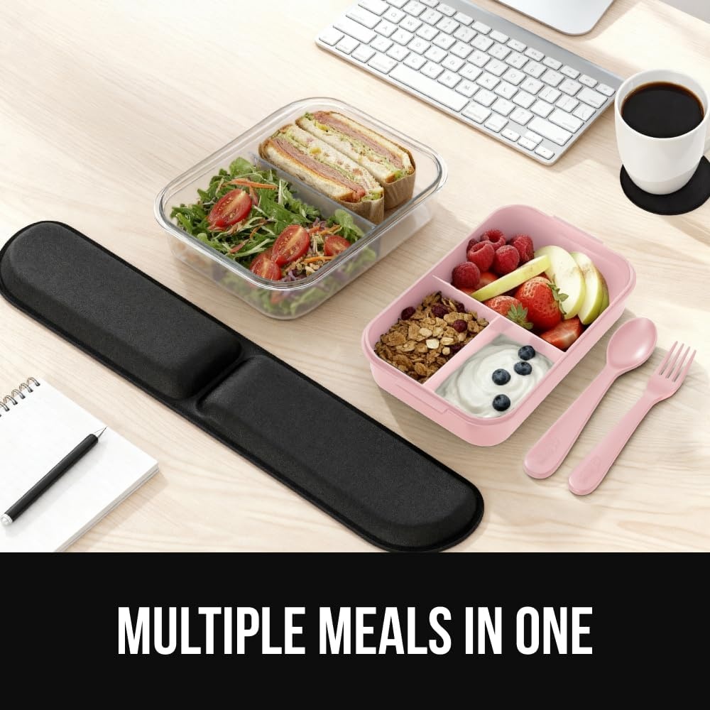 image:imageGORILLA GRIP BPAFree Leakproof Bento Lunch Box for Women Men Kids 2 Tier Style Onthego Easy to Carry Handle Microwave Safe Hot or Cold Food Container Lid Includes BuiltIn Utensil Set BlackPink