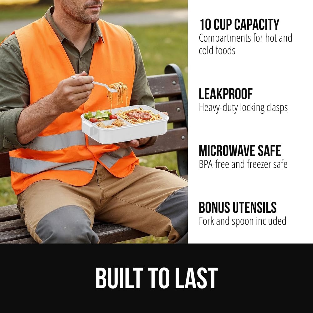 image:imageGORILLA GRIP BPAFree Leakproof Bento Lunch Box for Women Men Kids 2 Tier Style Onthego Easy to Carry Handle Microwave Safe Hot or Cold Food Container Lid Includes BuiltIn Utensil Set BlackWhite
