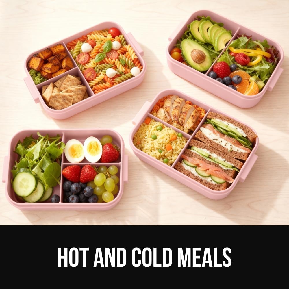 image:imageGORILLA GRIP BPAFree Leakproof Bento Lunch Box for Women Men Kids 2 Tier Style Onthego Easy to Carry Handle Microwave Safe Hot or Cold Food Container Lid Includes BuiltIn Utensil Set BlackPink