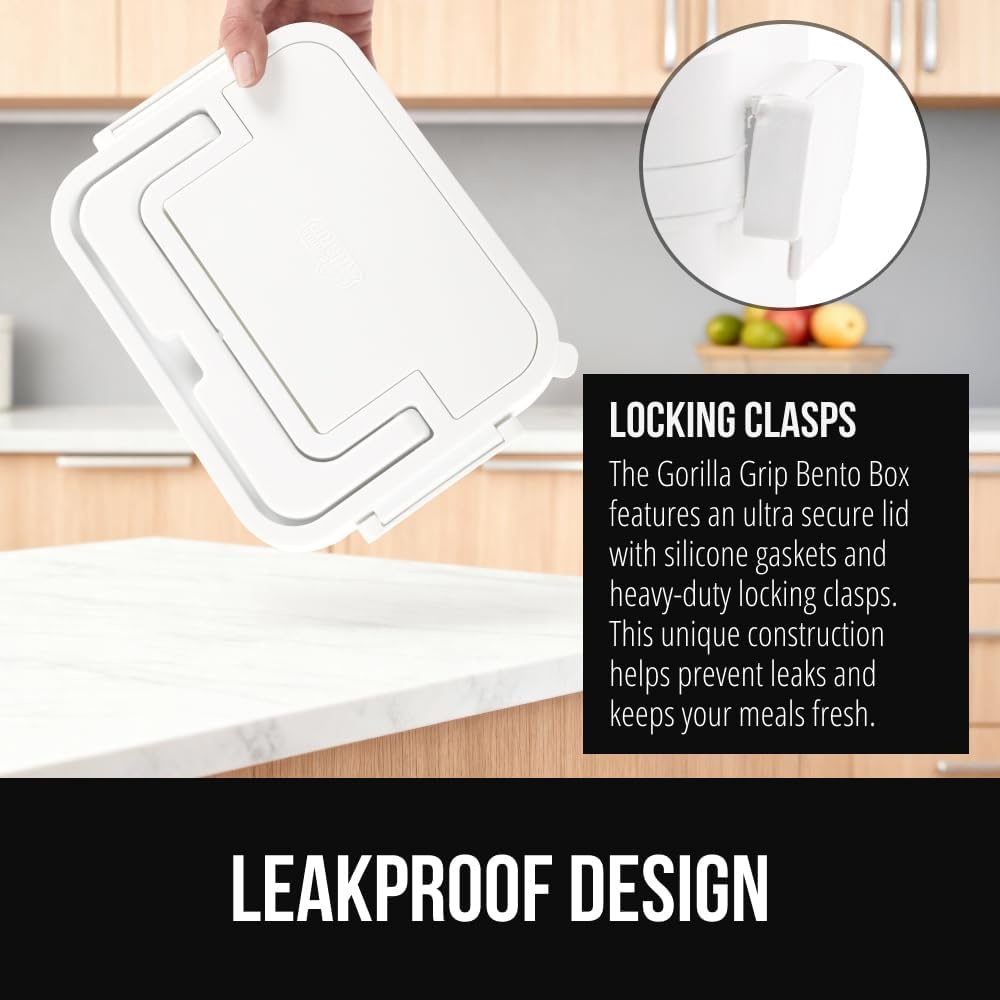 image:imageGORILLA GRIP BPAFree Leakproof Bento Lunch Box for Women Men Kids 2 Tier Style Onthego Easy to Carry Handle Microwave Safe Hot or Cold Food Container Lid Includes BuiltIn Utensil Set BlackWhite