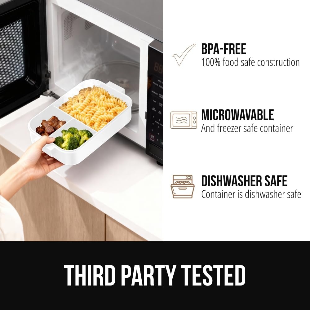 image:imageGORILLA GRIP BPAFree Leakproof Bento Lunch Box for Women Men Kids 2 Tier Style Onthego Easy to Carry Handle Microwave Safe Hot or Cold Food Container Lid Includes BuiltIn Utensil Set BlackWhite