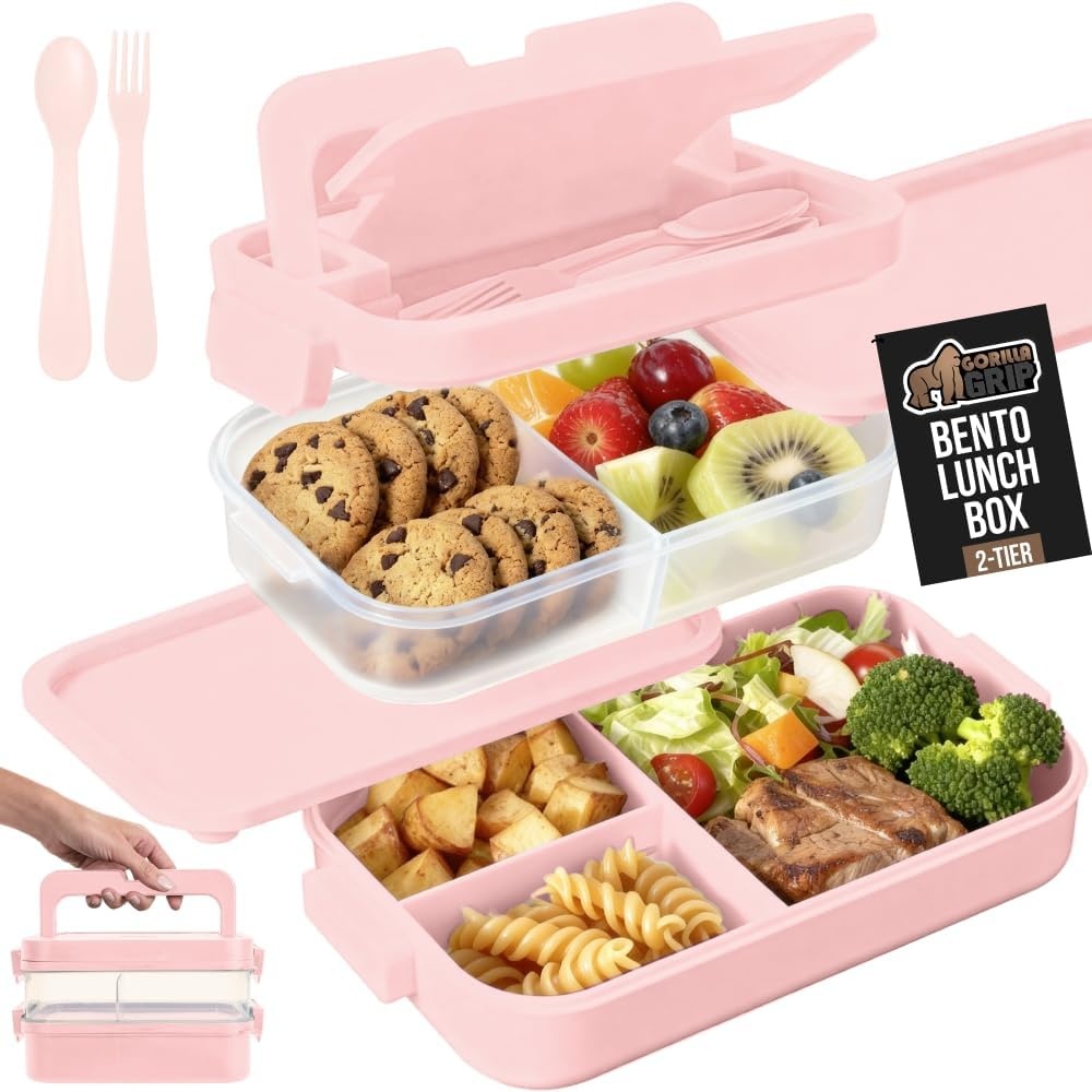 image:imageGORILLA GRIP BPAFree Leakproof Bento Lunch Box for Women Men Kids 2 Tier Style Onthego Easy to Carry Handle Microwave Safe Hot or Cold Food Container Lid Includes BuiltIn Utensil Set BlackPink