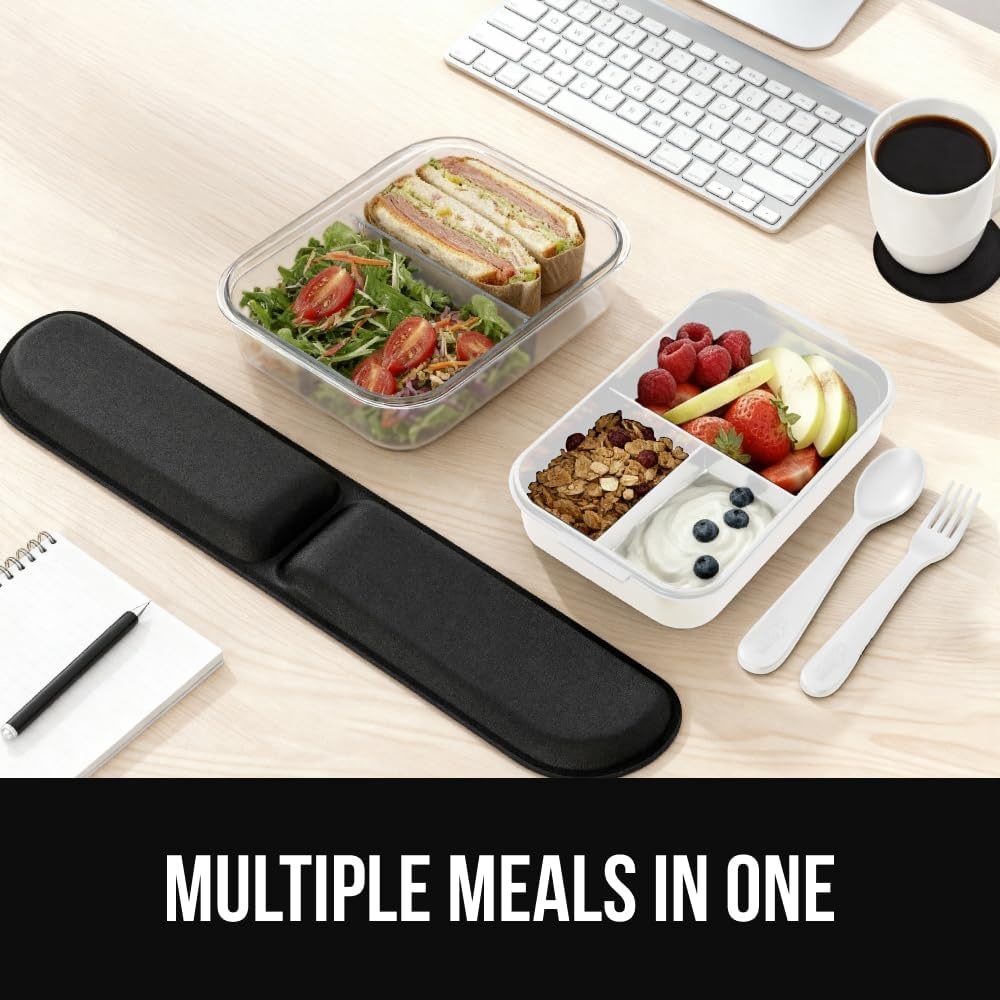 image:imageGORILLA GRIP BPAFree Leakproof Bento Lunch Box for Women Men Kids 2 Tier Style Onthego Easy to Carry Handle Microwave Safe Hot or Cold Food Container Lid Includes BuiltIn Utensil Set BlackWhite