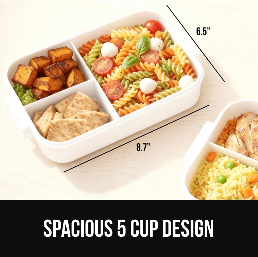 image:imageGORILLA GRIP BPAFree Leakproof Bento Lunch Box for Women Men Kids 2 Tier Style Onthego Easy to Carry Handle Microwave Safe Hot or Cold Food Container Lid Includes BuiltIn Utensil Set BlackWhite