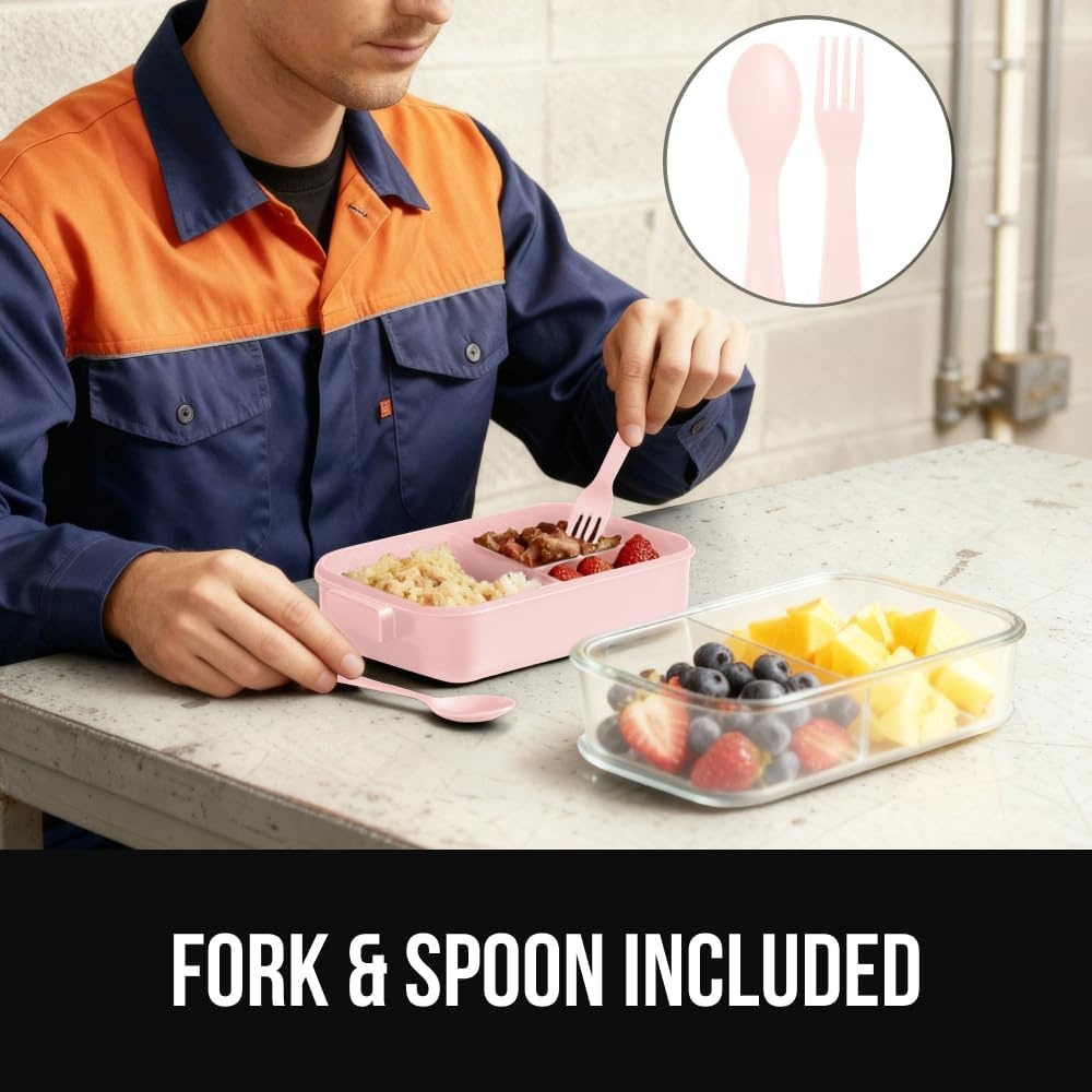 image:imageGORILLA GRIP BPAFree Leakproof Bento Lunch Box for Women Men Kids 2 Tier Style Onthego Easy to Carry Handle Microwave Safe Hot or Cold Food Container Lid Includes BuiltIn Utensil Set BlackPink