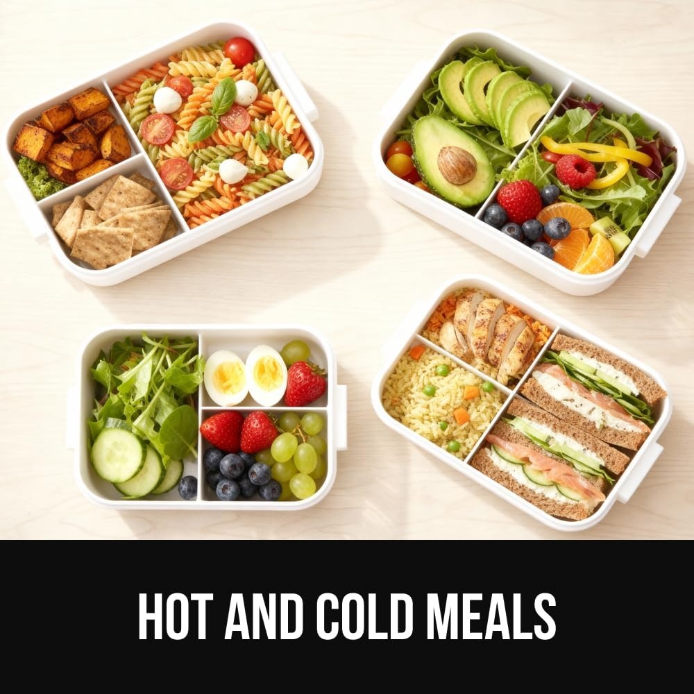 image:imageGORILLA GRIP BPAFree Leakproof Bento Lunch Box for Women Men Kids 2 Tier Style Onthego Easy to Carry Handle Microwave Safe Hot or Cold Food Container Lid Includes BuiltIn Utensil Set BlackWhite