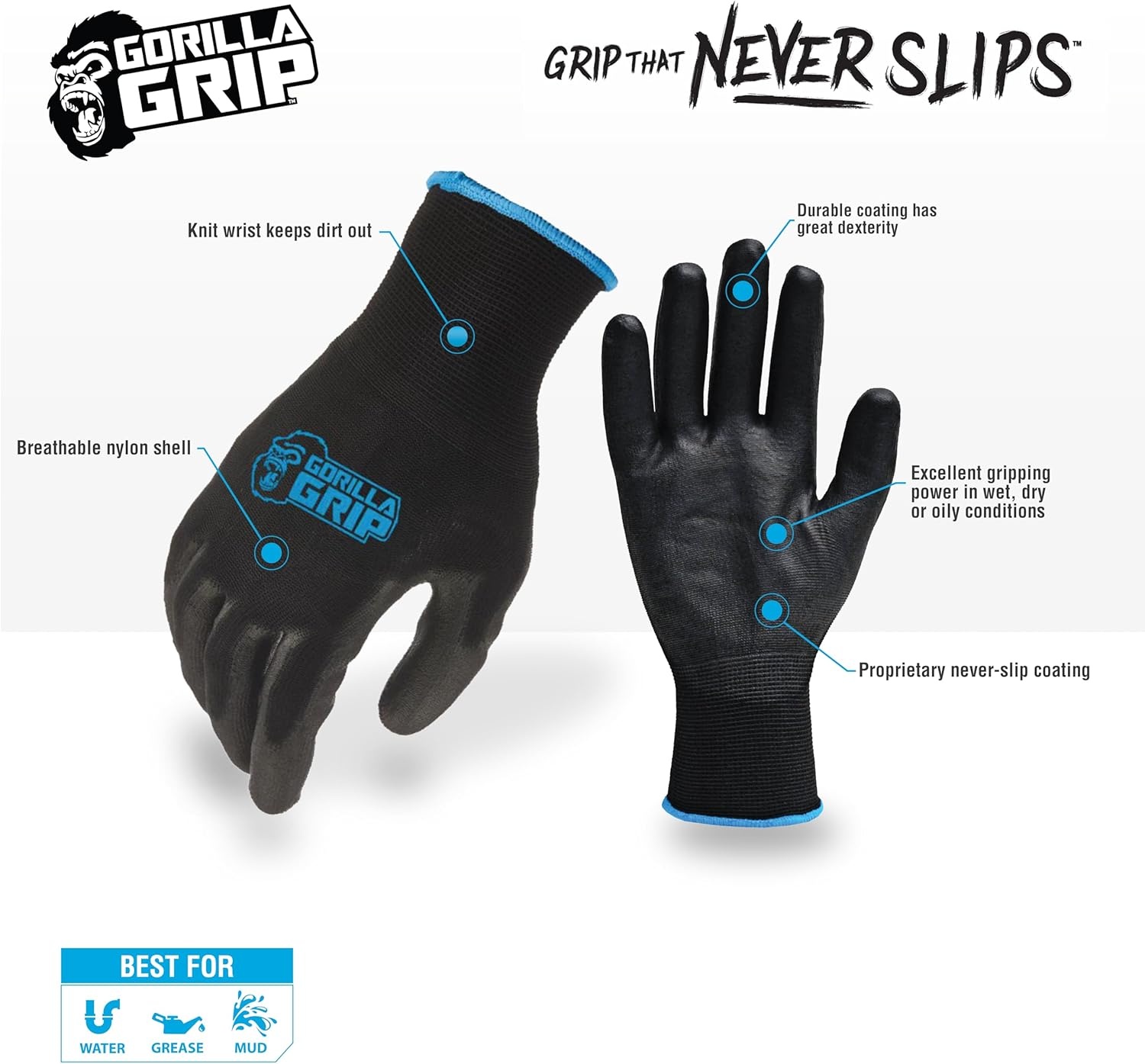 image:imageGorilla Grip 2505725 Slip Resistant All Purpose Work Gloves 5 Pack Large BlackBlack