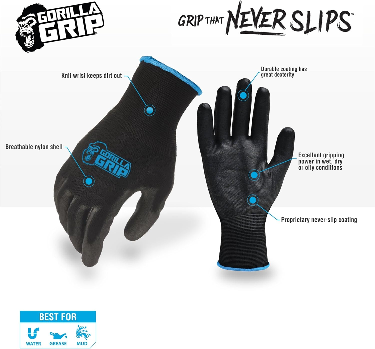 image:imageGorilla Grip 2505725 Slip Resistant All Purpose Work Gloves 5 Pack Large BlackBlackBlue