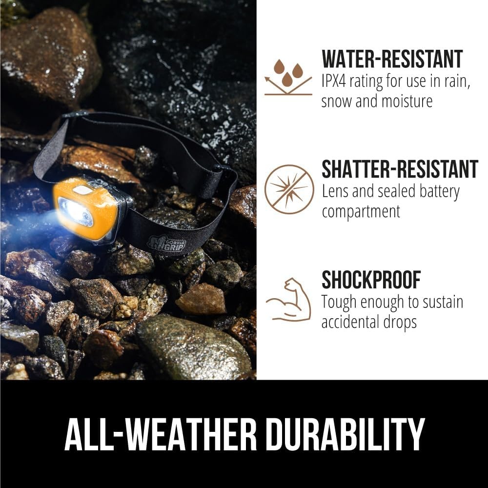 image:imageGORILLA GRIP Ultra Bright High Lumens LED Head Lamp 7 Light Modes Water Resistant IPX4 Headlamp Adjustable Headband Battery Powered Outdoor Running Camping Forehead Flashlight Lamps 1 Pack BlackOrange
