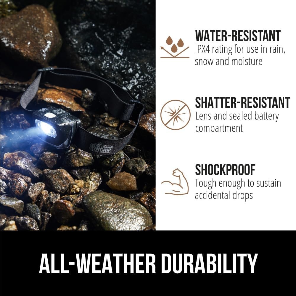 image:imageGORILLA GRIP Ultra Bright High Lumens LED Head Lamp 7 Light Modes Water Resistant IPX4 Headlamp Adjustable Headband Battery Powered Outdoor Running Camping Forehead Flashlight Lamps 1 Pack BlackBlack