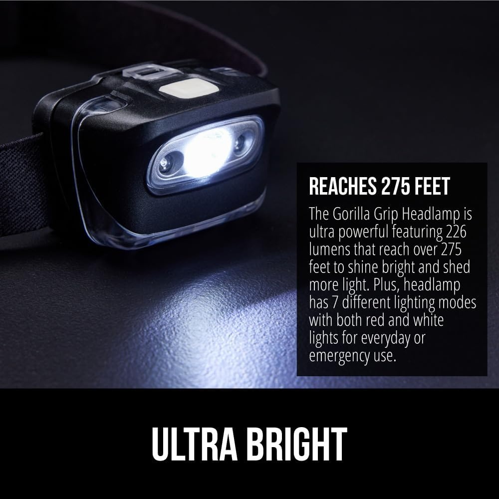 image:imageGORILLA GRIP Ultra Bright High Lumens LED Head Lamp 7 Light Modes Water Resistant IPX4 Headlamp Adjustable Headband Battery Powered Outdoor Running Camping Forehead Flashlight Lamps 1 Pack BlackBlack
