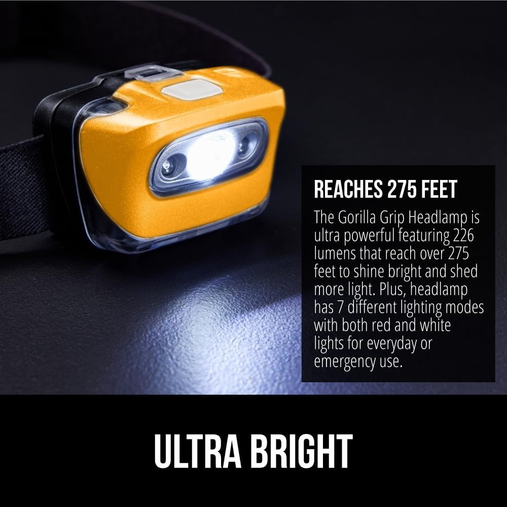 image:imageGORILLA GRIP Ultra Bright High Lumens LED Head Lamp 7 Light Modes Water Resistant IPX4 Headlamp Adjustable Headband Battery Powered Outdoor Running Camping Forehead Flashlight Lamps 1 Pack BlackOrange