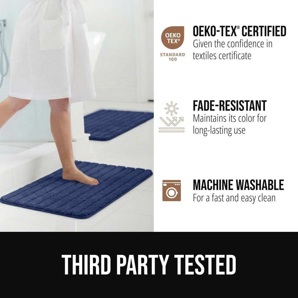 image:imageGORILLA GRIP Textured Backing Bathroom Rugs Soft Memory Foam Absorbent Striped Bath Mats Machine Washable amp Fade Resistant Bathmat Accessories for Floor Home Decor Shower Essentials Grey 30x18Navy