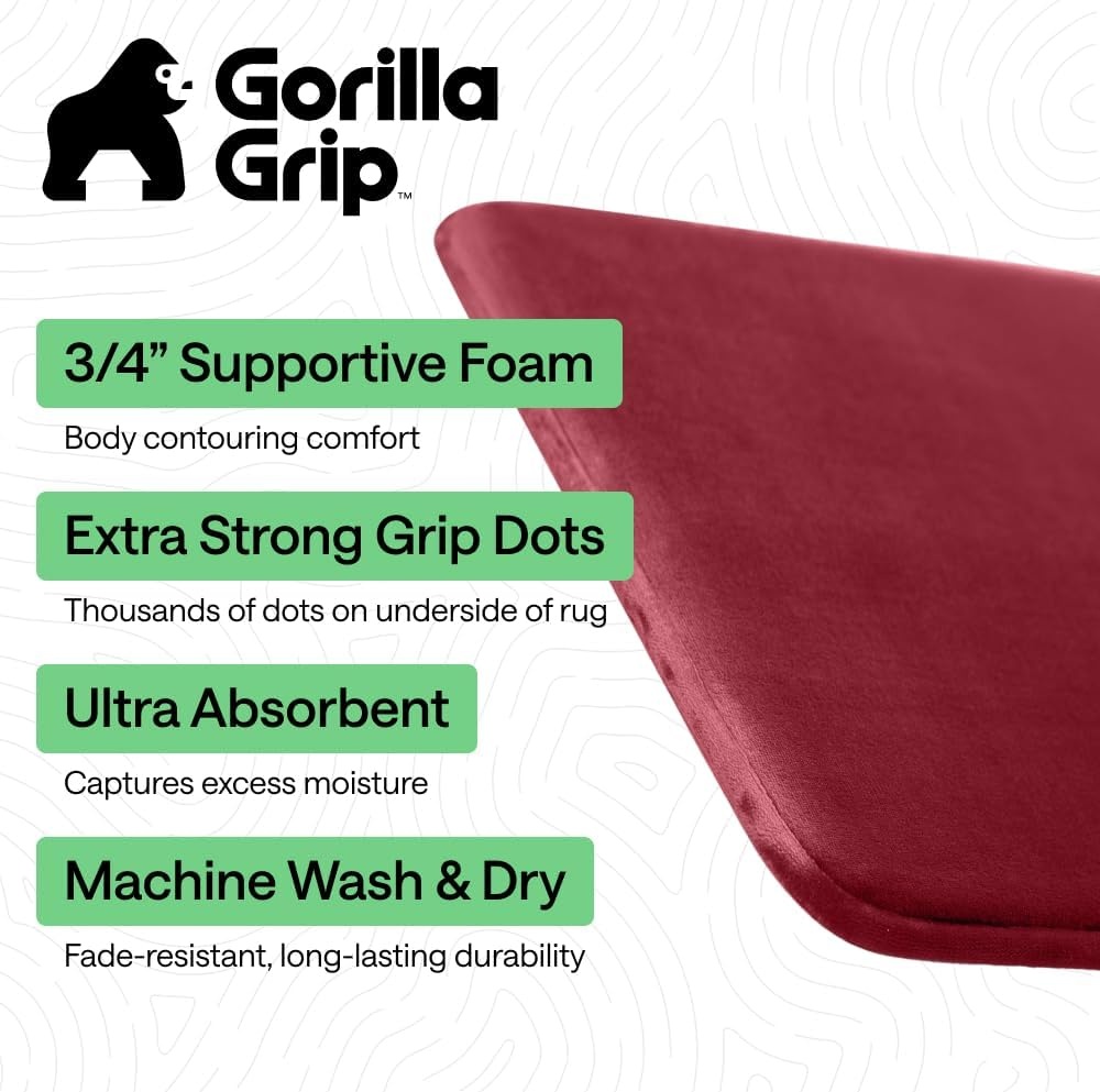image:imageGORILLA GRIP Textured Backing Bathroom Rugs Soft Memory Foam Absorbent Striped Bath Mats Machine Washable amp Fade Resistant Bathmat Accessories for Floor Home Decor Shower Essentials Grey 30x18Burgundy