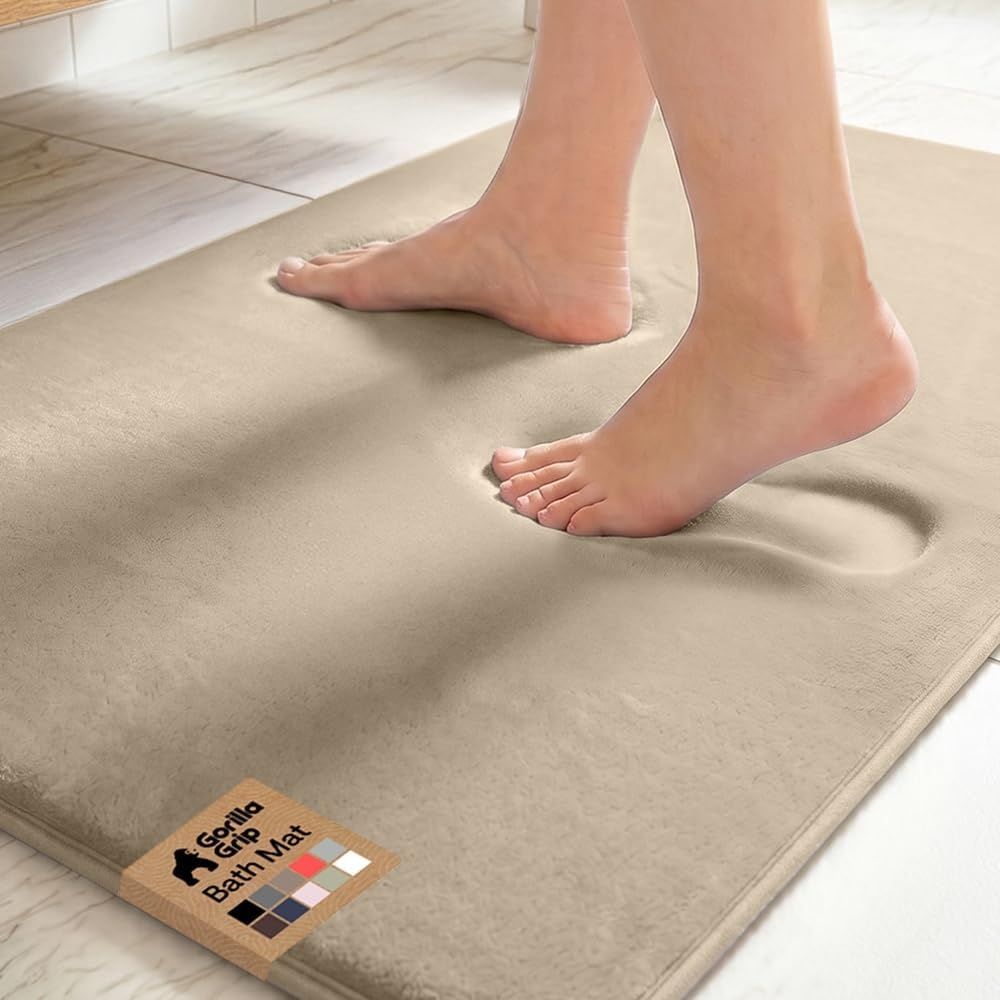 image:imageGORILLA GRIP Textured Backing Bathroom Rugs Soft Memory Foam Absorbent Striped Bath Mats Machine Washable amp Fade Resistant Bathmat Accessories for Floor Home Decor Shower Essentials Grey 30x18Taupe