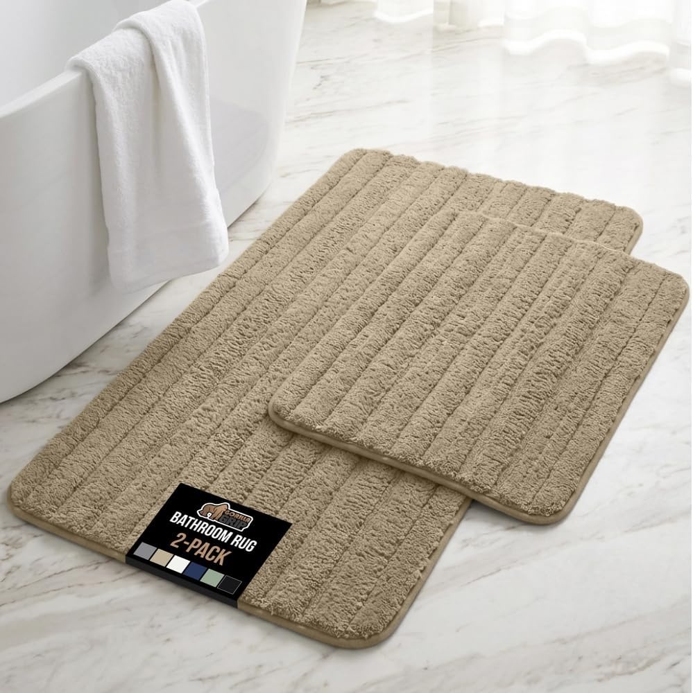 image:imageGORILLA GRIP Textured Backing Bathroom Rugs Soft Memory Foam Absorbent Striped Bath Mats Machine Washable amp Fade Resistant Bathmat Accessories for Floor Home Decor Shower Essentials Grey 30x18Beige