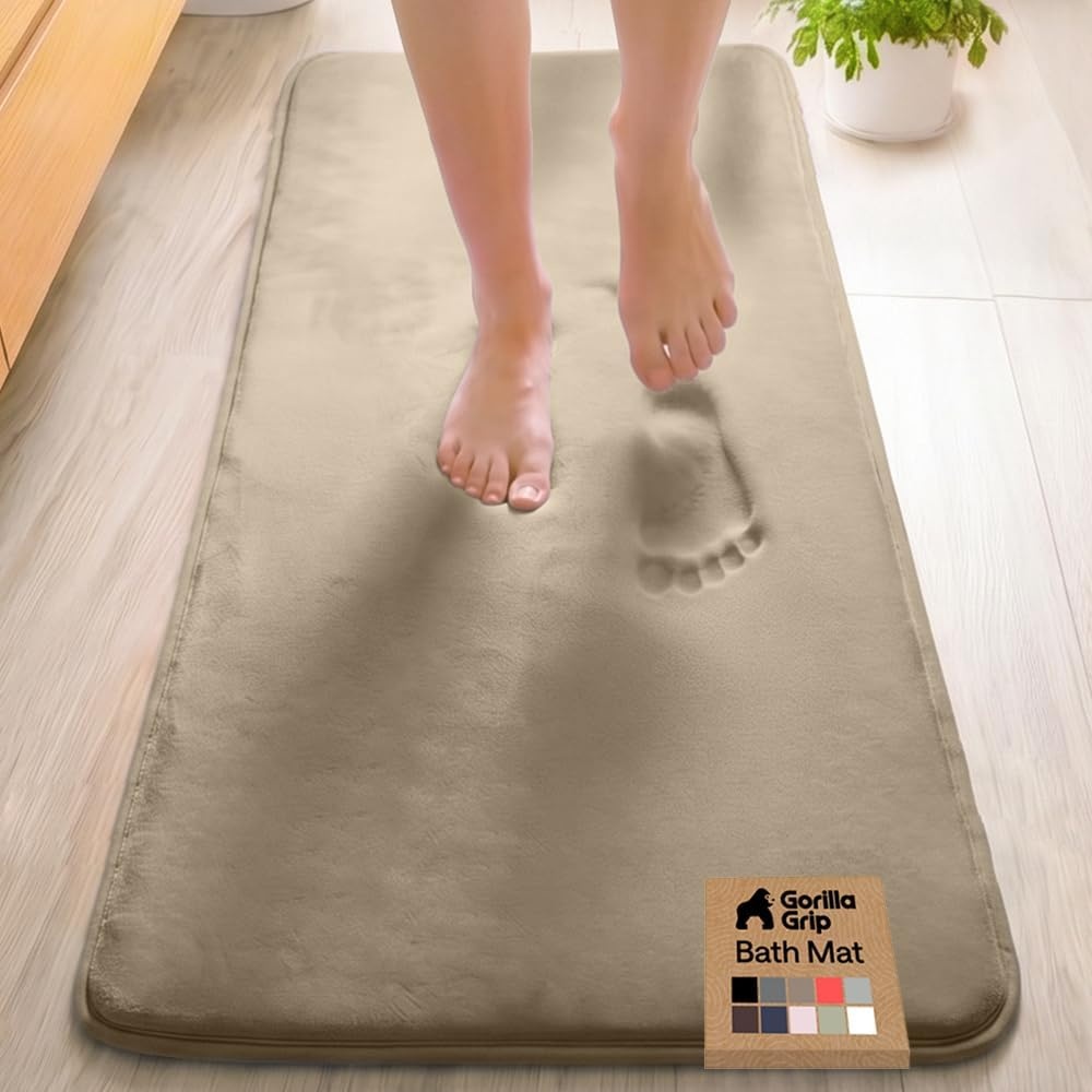 image:imageGORILLA GRIP Textured Backing Bathroom Rugs Soft Memory Foam Absorbent Striped Bath Mats Machine Washable amp Fade Resistant Bathmat Accessories for Floor Home Decor Shower Essentials Grey 30x18Taupe