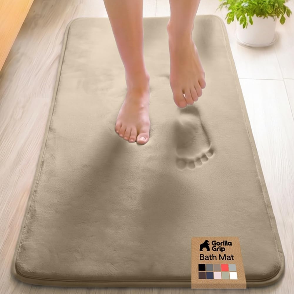 image:imageGORILLA GRIP Textured Backing Bathroom Rugs Soft Memory Foam Absorbent Striped Bath Mats Machine Washable amp Fade Resistant Bathmat Accessories for Floor Home Decor Shower Essentials Grey 30x18Taupe