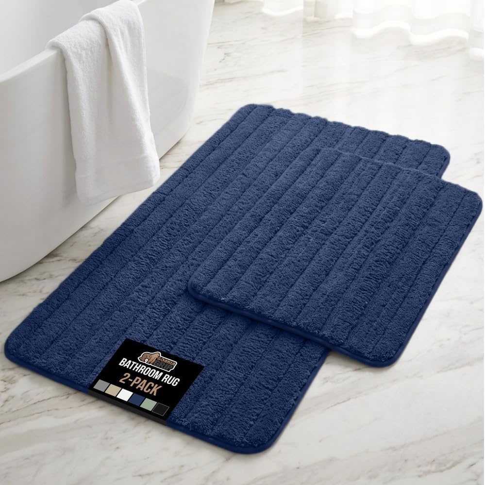 image:imageGORILLA GRIP Textured Backing Bathroom Rugs Soft Memory Foam Absorbent Striped Bath Mats Machine Washable amp Fade Resistant Bathmat Accessories for Floor Home Decor Shower Essentials Grey 30x18Navy
