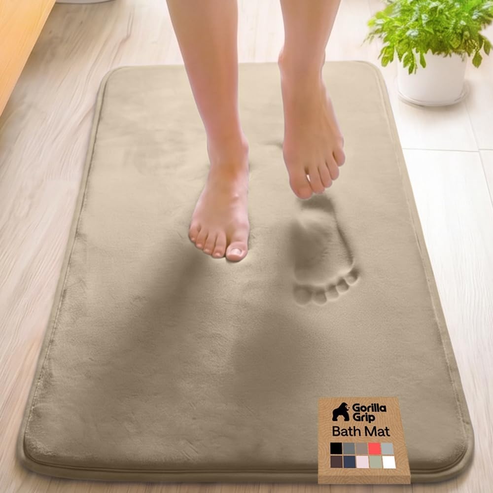 image:imageGORILLA GRIP Textured Backing Bathroom Rugs Soft Memory Foam Absorbent Striped Bath Mats Machine Washable amp Fade Resistant Bathmat Accessories for Floor Home Decor Shower Essentials Grey 30x18Taupe