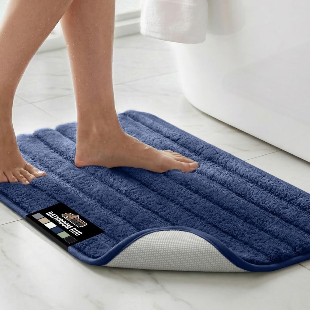 image:imageGORILLA GRIP Textured Backing Bathroom Rugs Soft Memory Foam Absorbent Striped Bath Mats Machine Washable amp Fade Resistant Bathmat Accessories for Floor Home Decor Shower Essentials Grey 30x18Navy