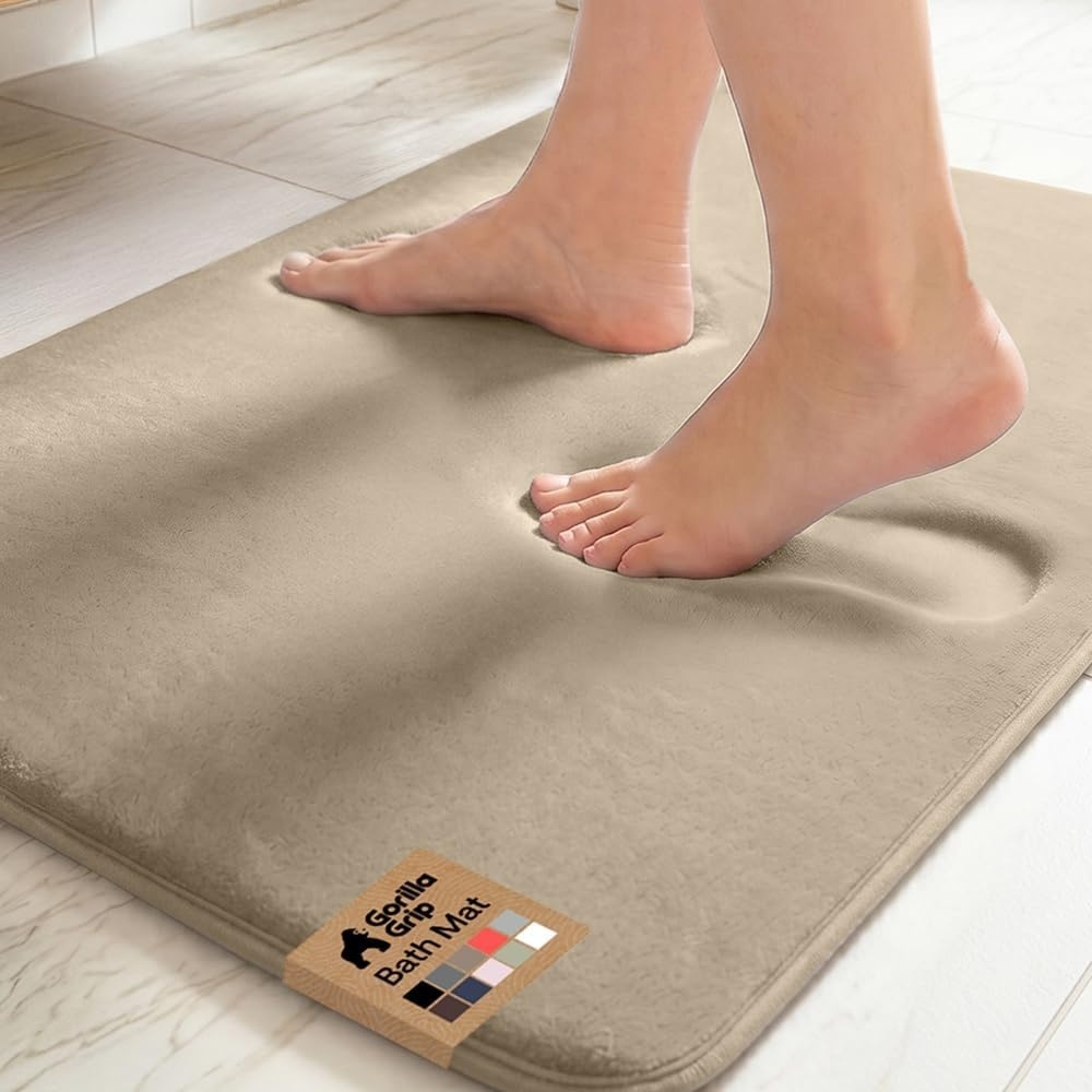 image:imageGORILLA GRIP Textured Backing Bathroom Rugs Soft Memory Foam Absorbent Striped Bath Mats Machine Washable amp Fade Resistant Bathmat Accessories for Floor Home Decor Shower Essentials Grey 30x18Taupe